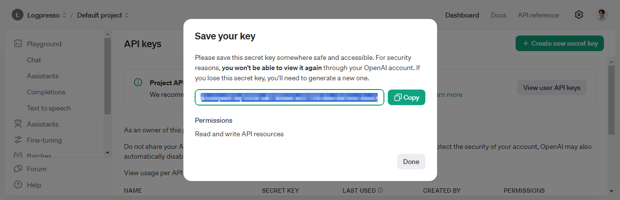 OpenAI API 키 복사