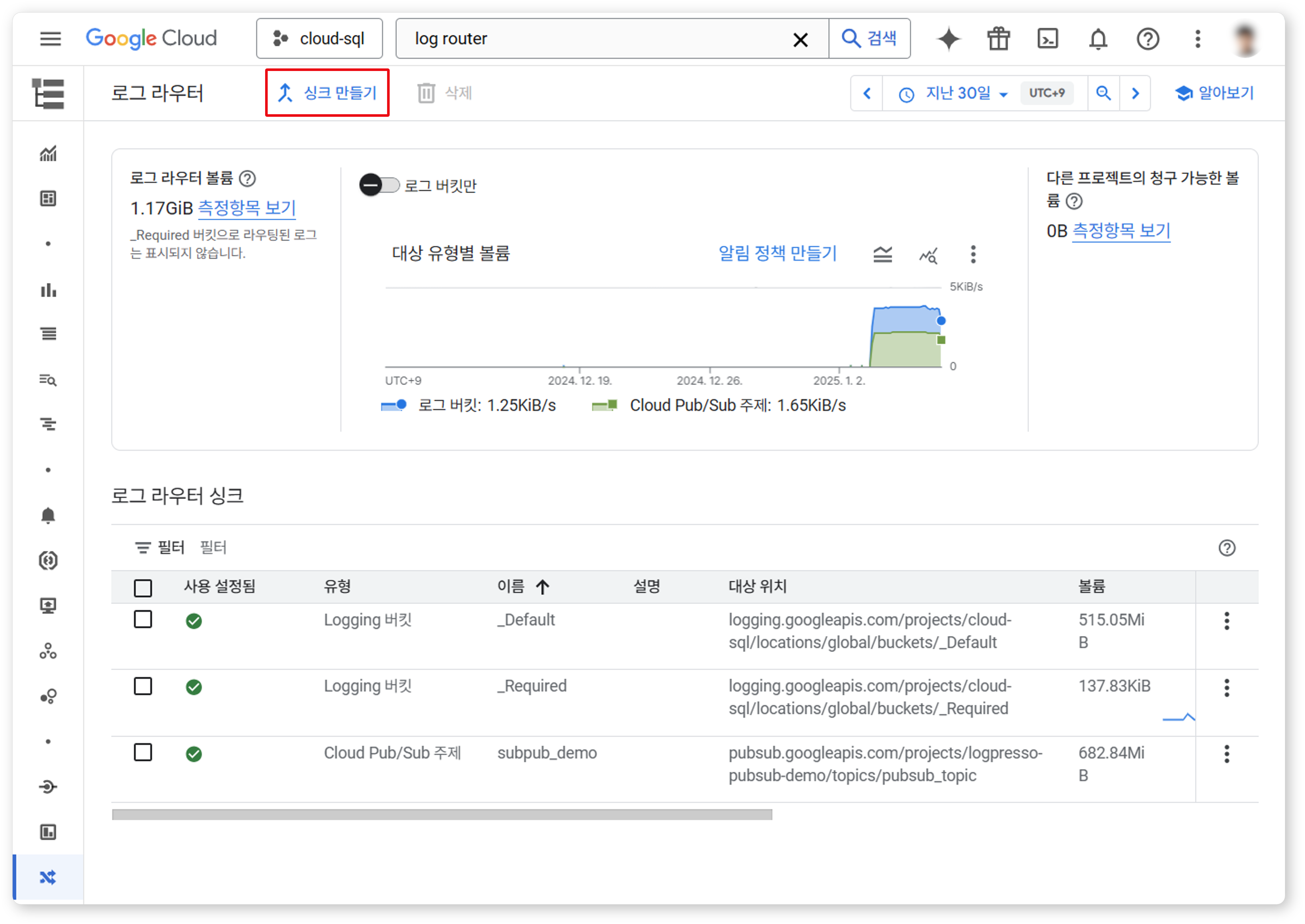 구글 클라우드 SQL 로그 싱크 만들기