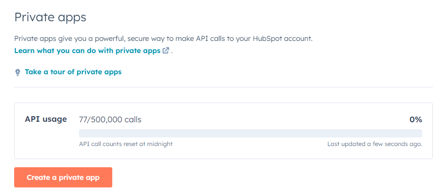 HubSpot Private App 생성 클릭