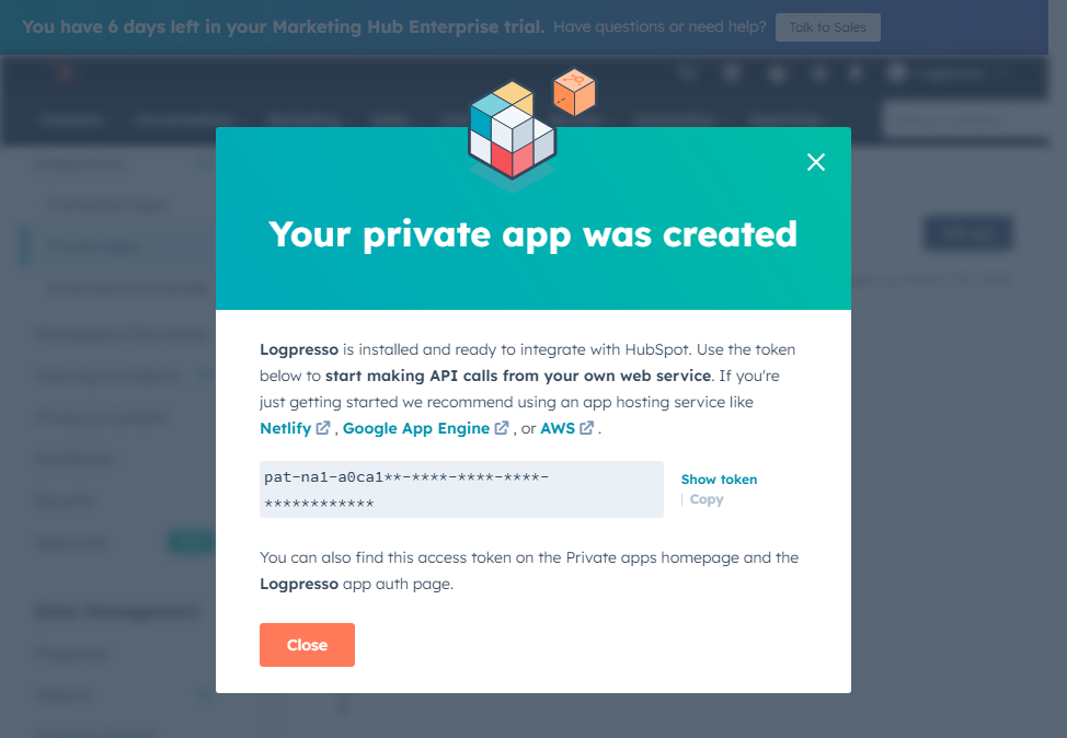 HubSpot Private App 토큰 복사